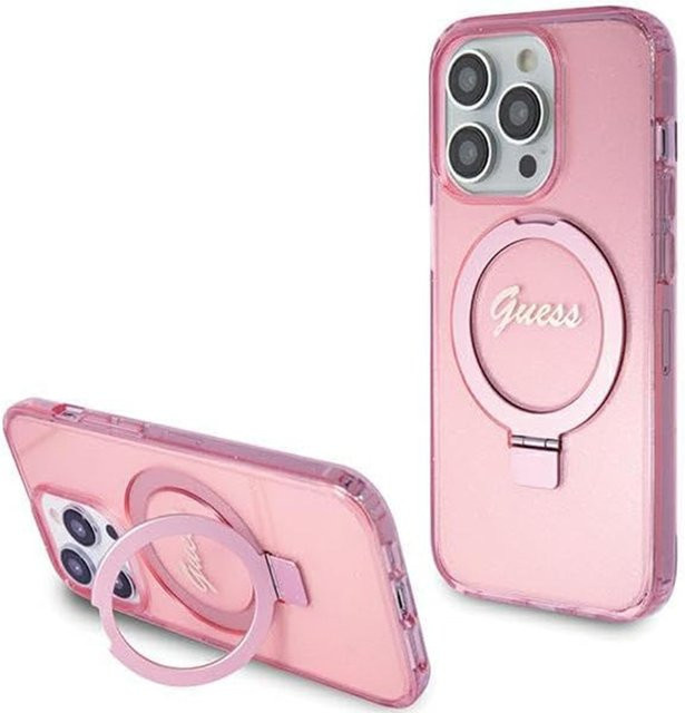 Guess MagSafe Hülle für Apple iPhone 15 Pro mit IML Ring Stand Glitter in Rosa - Bild 1