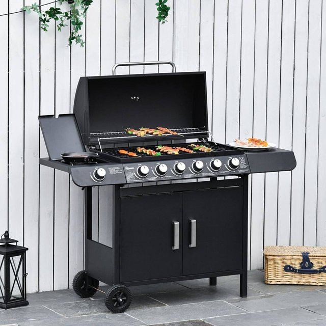 Outsunny Gasgrill aus Metall in Schwarz mit porzellanemaillierter Grillfläche, B/T/H: 50 x 135 x 100 cm - Bild 2