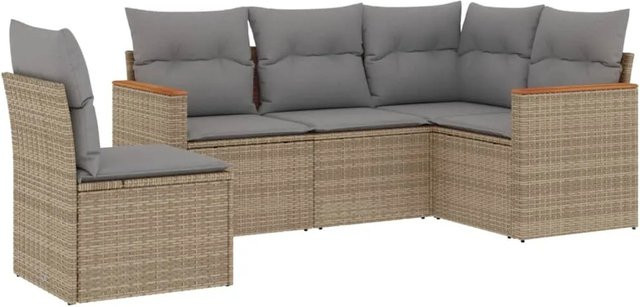 vidaXL 5-teilige Garten-Sofagarnitur in L-Form aus Poly-Rattan in Beige mit Sitz- und Rückenkissen - Bild 1