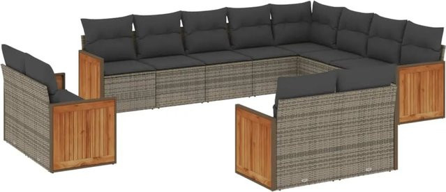 vidaXL 12-tlg. Garten-Sofagarnitur in L-Form aus Polyrattan und Akazienholz, Grau, inklusive Kissen und Stauraum - Bild 1