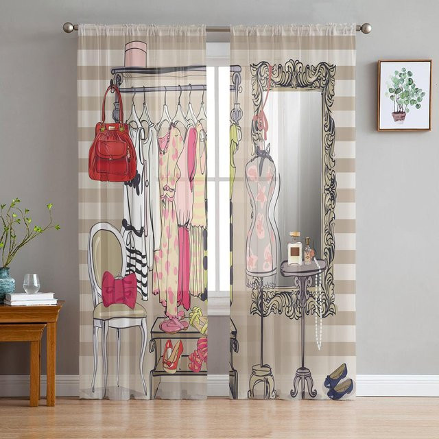 Transparente Tüll Voile Vorhänge mit Streifen-Design in Grau, Breite: 135 cm, Höhe: 115 cm - Bild 1