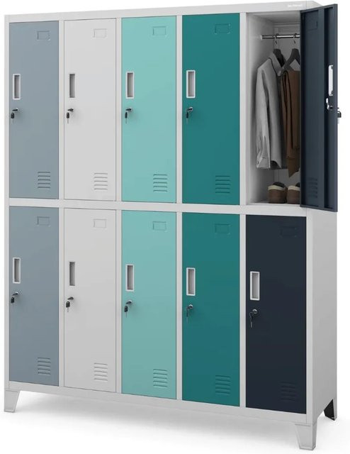 DELUKE Umkleideschrank Spind BARTEK mit 10 Abteilen, Mehrfarbig, H: 172 cm, B: 136 cm, T: 45 cm - Bild 1