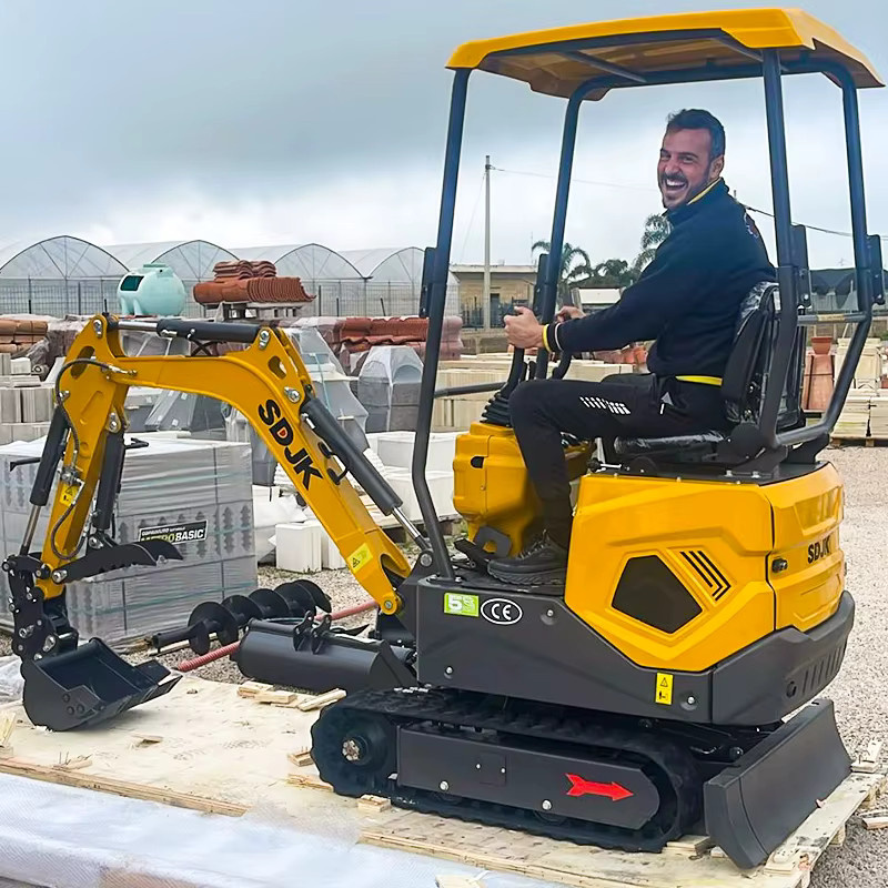 SDJK Mini-Bagger 1,8 Tonnen Raupenbagger Gelb Multifunktionaler Kompakter Bagger mit geschlossenem Fahrerhaus - Bild 1