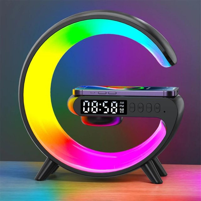 Rizy Multifunktions 15W Drahtloses Ladegerät mit Wecker, Lautsprecher und RGB-Licht, Schnellladestation für iPhone und Samsung, Schwarz - Bild 1