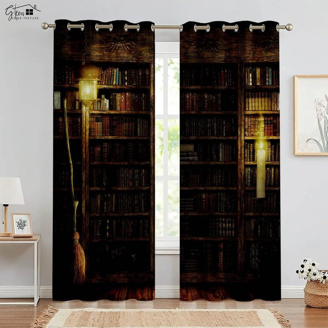 Yiran Furniture Retro Vorhänge mit 3D-Bücherregal-Print, 2-teiliges Set, halbtransparent, braun, Breite: 100 cm, Höhe: 220 cm - Bild 1