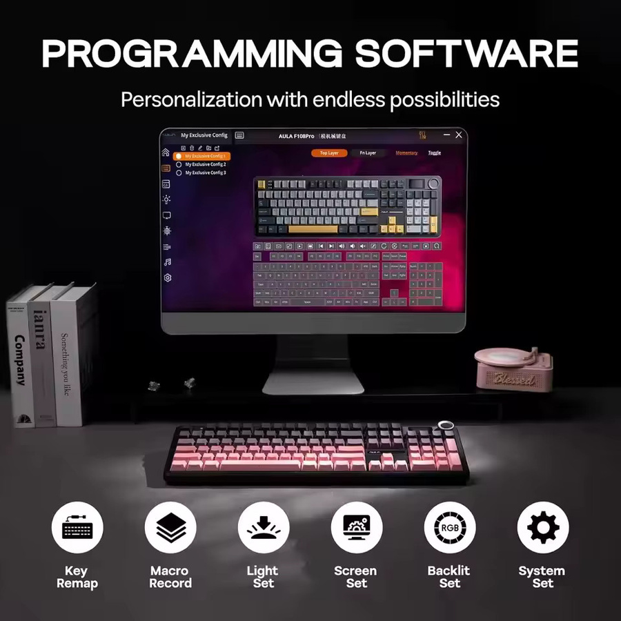 AULA F108 PRO E-Sport Gaming Mechanische Tastatur in Pink mit Drei-Modus-Anpassung, RGB-Hintergrundbeleuchtung und TFT Smart Display - Bild 2