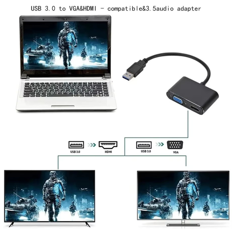 YIGETOHDE 3-in-1 USB 3.0 zu HDMI und VGA Konverter mit Audio, 1080P Auflösung, Schwarz - Bild 3
