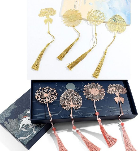 Goldenes Metall-Lesezeichen im chinesischen Stil mit Löwenzahn- und Sonnenblumen-Motiv sowie Quaste - Bild 1