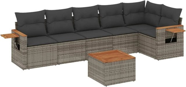 vidaXL 7-tlg Garten-Sofagarnitur aus Poly Rattan und Akazienholz in Grau mit Kissen Modell 159 - Bild 1