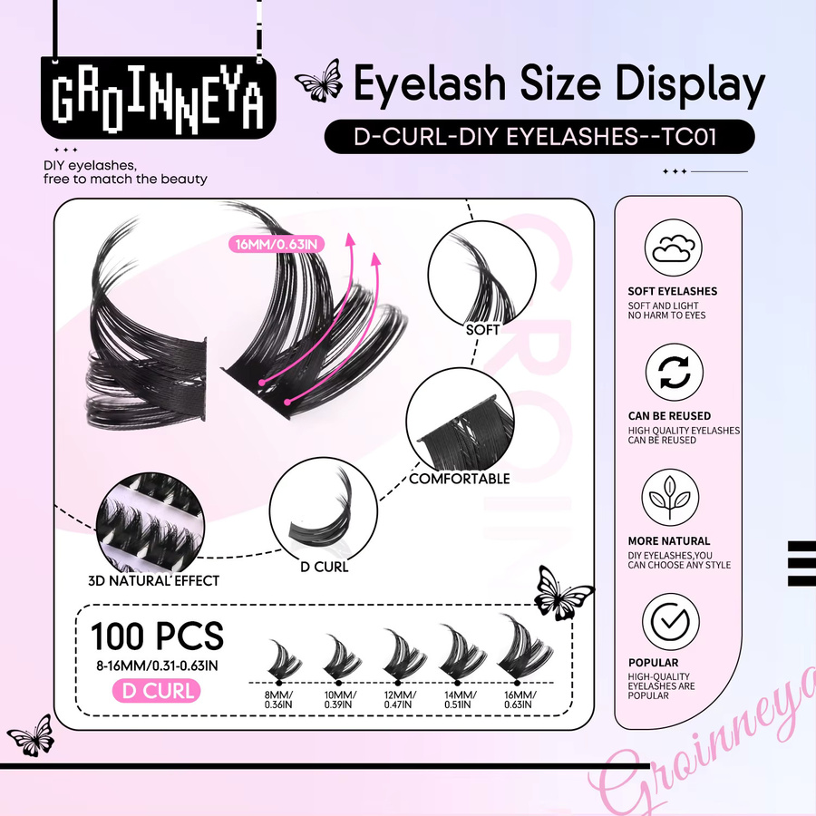 GROINNEYA Wimpernverlängerungs-Set, Einzelne Wimpern-Cluster, Natürlich - Bild 4