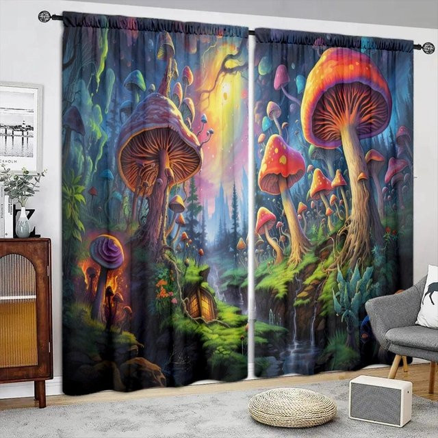 2er-Set Vorhang mit Dschungelpilz-Print in Grau, halbtransparentes Fensterdekor aus Polyester, Breite: 52,5 cm, Höhe: 116 cm - Bild 1