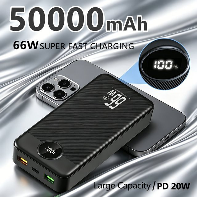 InTessry Hochleistungs-Powerbank mit 50000mAh, 66W Schnellladefunktion, 3 Ausgängen und Digitaldisplay in Schwarz oder Weiß - Bild 1