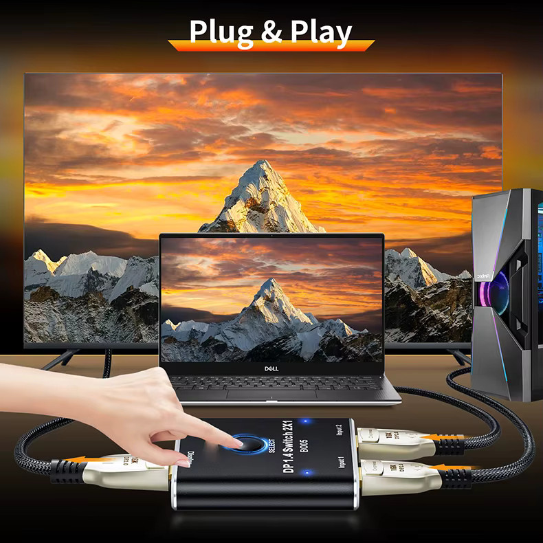 DisplayPort-Switch 2 in 1 Out Video-Wahlschalter DisplayPort 1.4 für PC und Laptop, unterstützt 18k 60Hz, 5k 120Hz und 4k 144Hz, Schwarz - Bild 4
