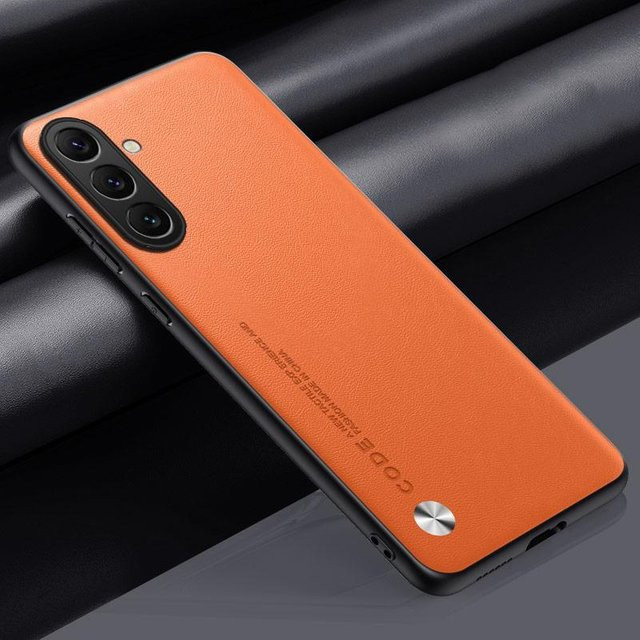 Stoßfeste Samsung Galaxy A26 5G Handyhülle aus luxuriösem PU-Leder und Silikon in Orange - Bild 1