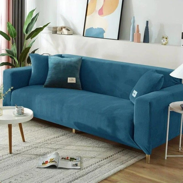 BC Pet Supplies Stretch-Sofabezug aus samtigem Plüsch in Blau für L-Form Sofas und Sessel, Breite: 90-140 cm - Bild 1