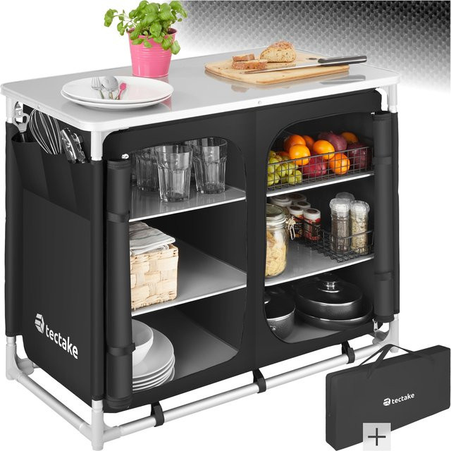 tectake Campingschrank Deluxe in Schwarz mit Aluminiumgestell und 6 Fächern, faltbar, B/T/H: 97 x 47,5 x 78 cm - Bild 1