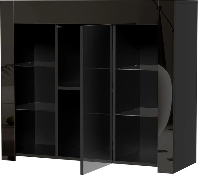 okwish Sideboard für dein Wohnzimmer mit Glasregalen in Schwarz, modern und glänzend, B/T/H: 95 x 35 x 83 cm - Bild 1
