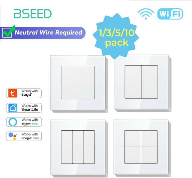 Bseed WLAN Smart Schalter mit Neutralleiter, moderner Lichtschalter mit Glasrahmen, Tuya Smart Life Steuerung, Weiß - Bild 1
