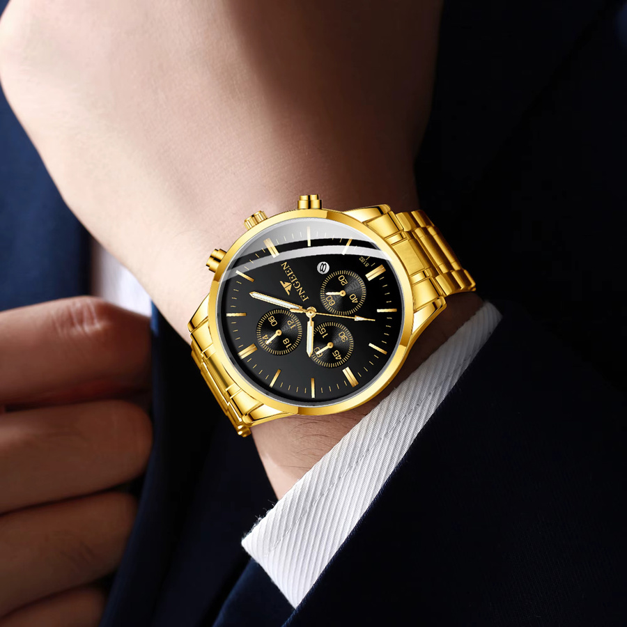 BINBOND Armbanduhr Quarz, Edelstahl, Schwarz, Gold, Herren, Datum - Bild 4