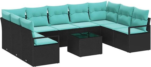 vidaXL Polyrattan Gartenmöbel Set in L-Form mit 10-teiliger Polsterung und Kissen in Schwarz und Türkis - Bild 1