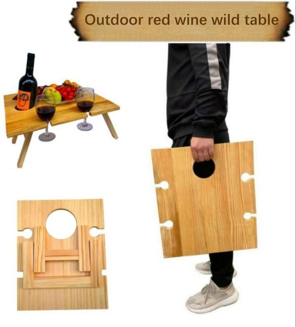 Fishine Outdoor Wein-Picknicktisch aus Massivholz in Braun, faltbarer und tragbarer Picknicktisch mit integrierter Käseplatte - Bild 1