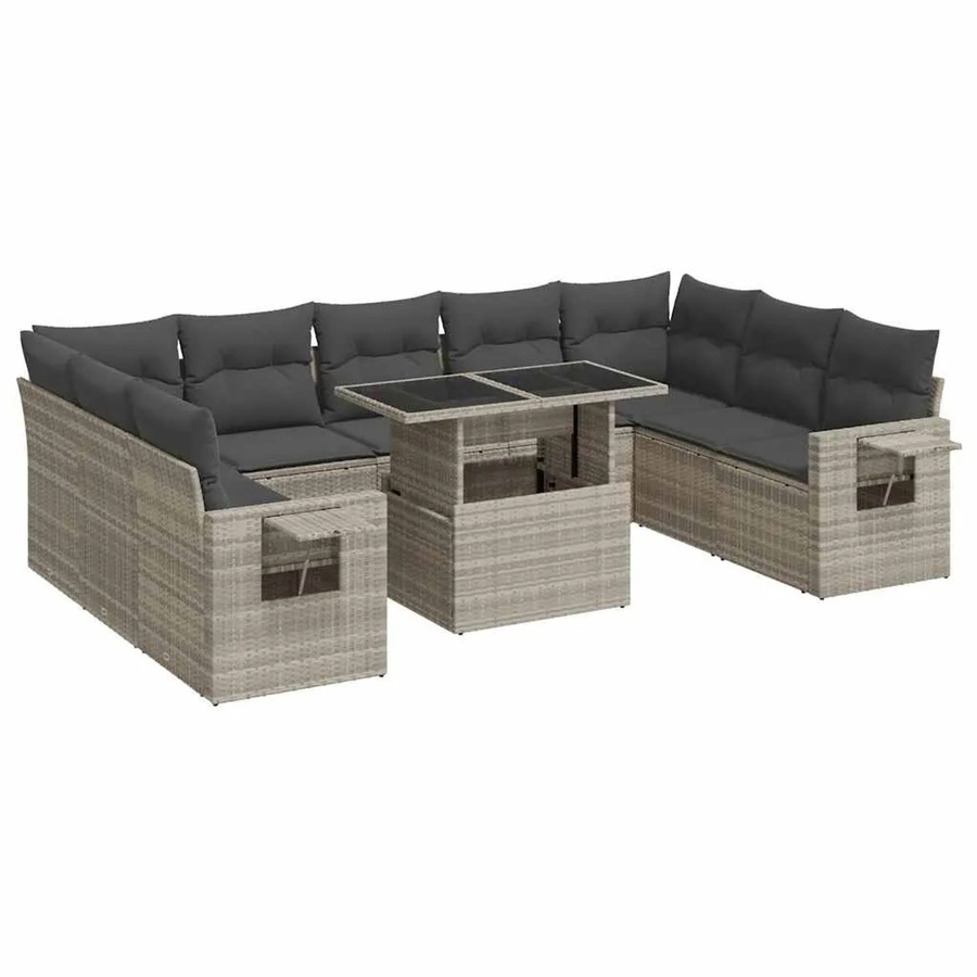vidaXL 10-tlg. Garten-Sofagarnitur in L-Form aus Poly-Rattan mit Kissen und Couchtisch, Hellgrau - Bild 2