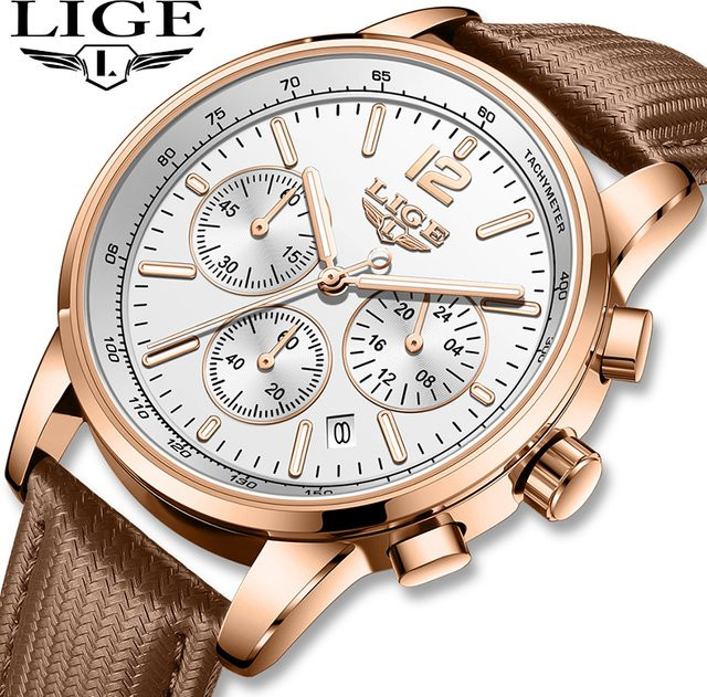 LIGE Chronograph, Quarz, Leder, Roségold, Weiß, Herren - Bild 1