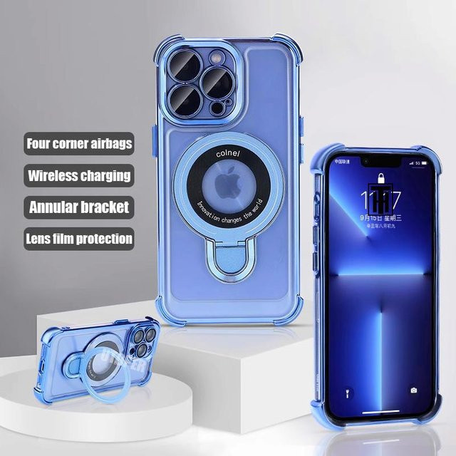 Yiran MagSafe Magnetische Hülle mit Ringständer für iPhone 16 15 14 13 12 11 Pro Max Plus, Stoßfest und Schlank, Transparent/Blau - Bild 1