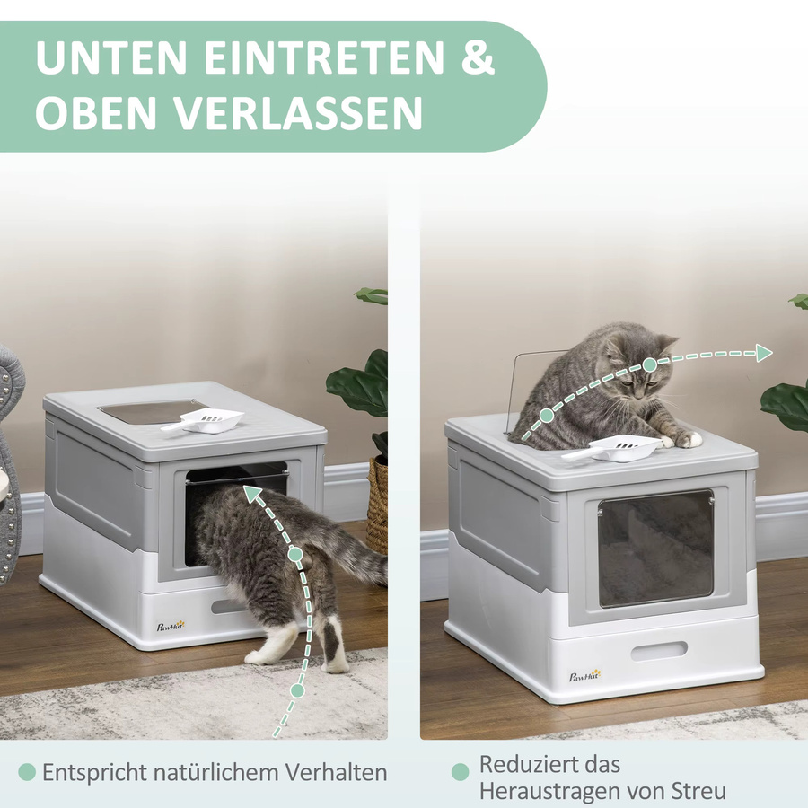 PawHut Katzentoilette mit Deckel und Haube inklusive Schaufel und ausziehbarem Tablett in Grün oder Weiß - Bild 3