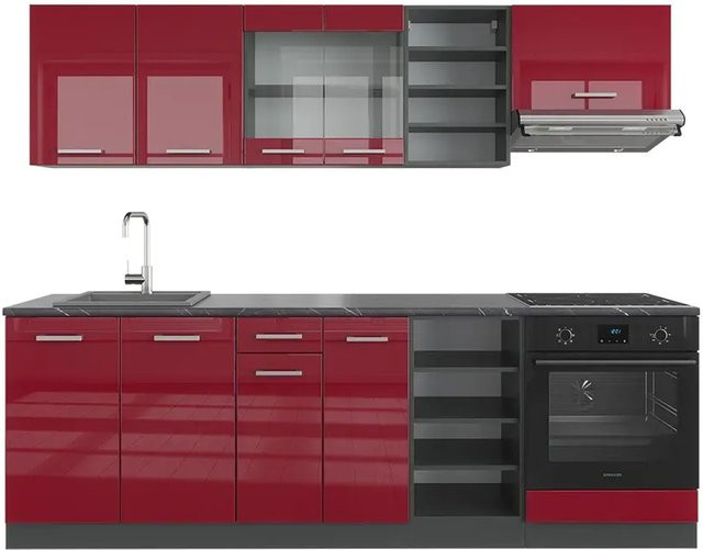 Vicco R-Line Küchenzeile Bordeaux Hochglanz und Anthrazit, Breite: 240 cm - Bild 1