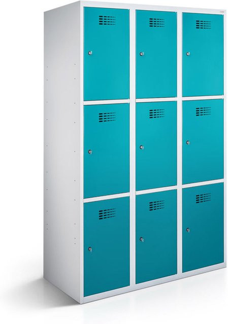 rotstahl Fächerschrank mit 9 Fächern in Türkis und lichtgrauem Korpus, B/T/H: 120 x 50 x 180 cm - Bild 1