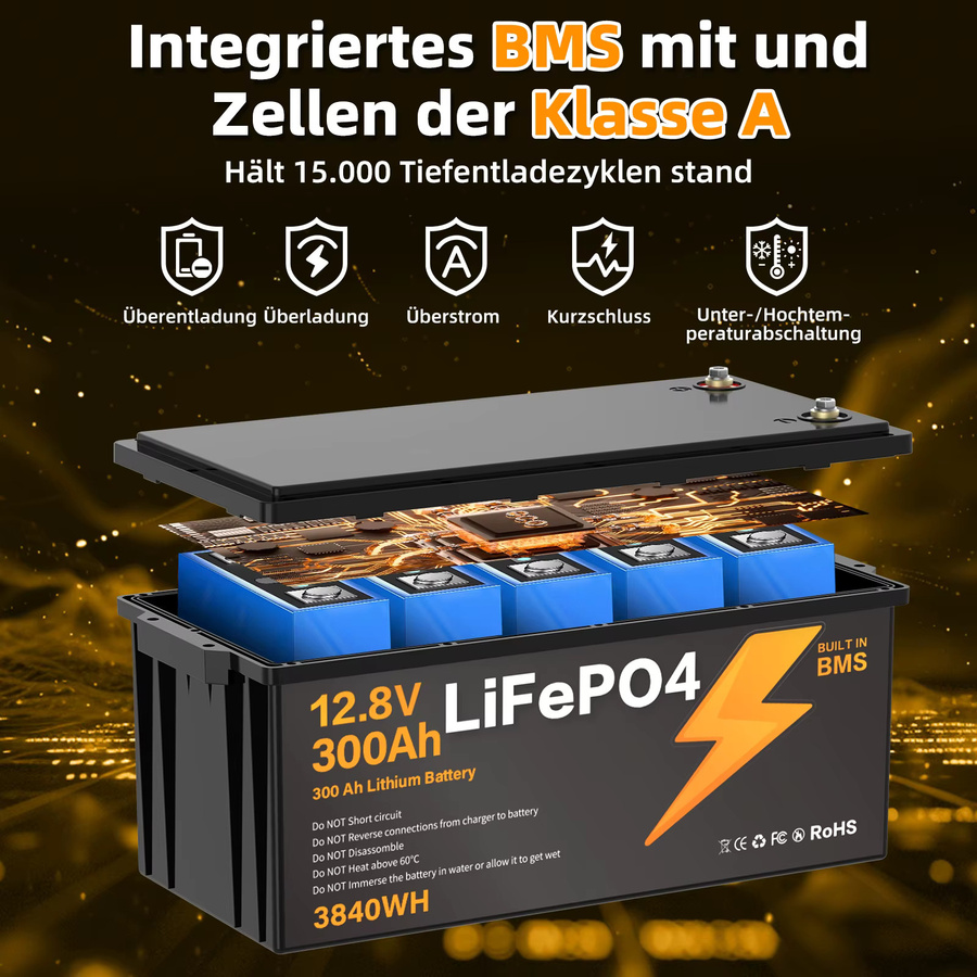 LiFePO4 Lithium-Eisenphosphat-Batterie 12,8V 300Ah mit 3840Wh, integriertes BMS, A+ Qualitätszellen, Schwarz - Bild 4