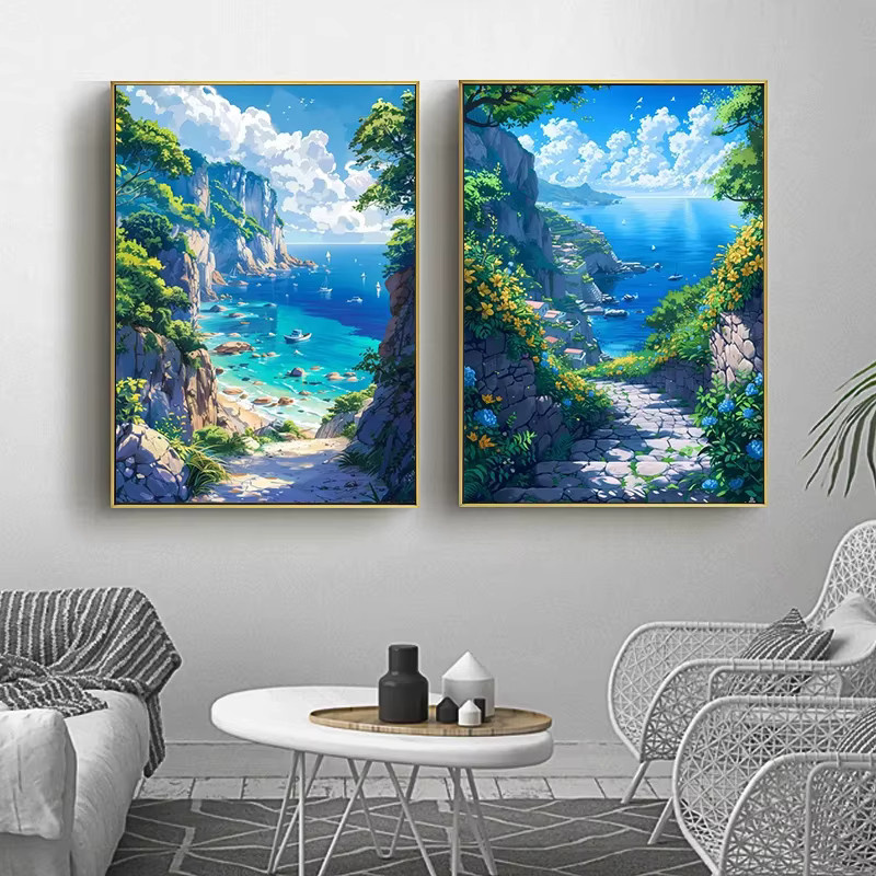 Potdemiel Anime-Ozean-Poster als Leinwanddruck mit Meereslandschaft, Baum und Architektur für deine Wanddekoration - Bild 2