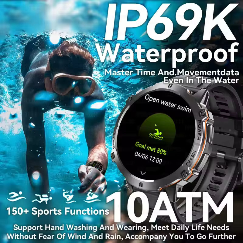 GUHUAVMI Militär-Smartwatch für Herren in Silber mit 1000mAh Akku, 10ATM Wasserdichtigkeit, Bluetooth-Anruf, Kompass, Höhenmesser und Barometer - Bild 2