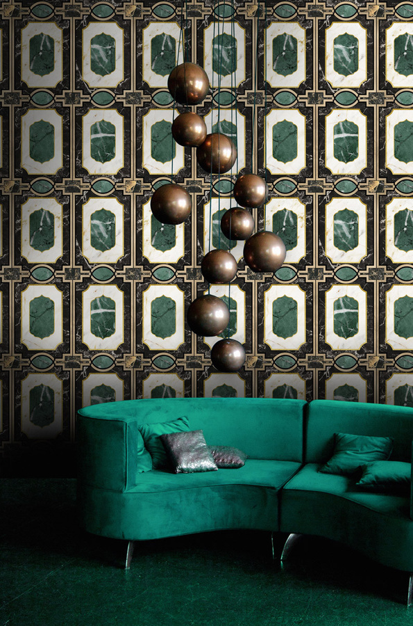 MINDTHEGAP Tapete Waldorf Emerald in Grün und Gold mit abstraktem Design aus Vlies - Bild 1