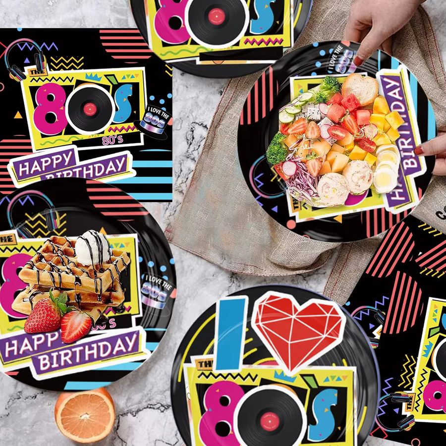 EsenTroye 80er Jahre Party Dekoration Set für Erwachsene in Multicolour mit Tischdecke, Banner, Kuchen Topper und Ballons im Retro Design - Bild 3