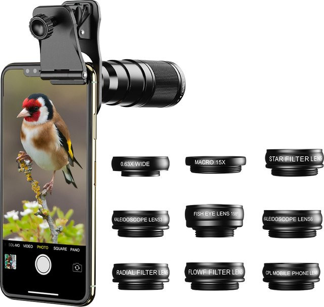APEXEL 10-in-1 Smartphone Objektiv Set mit 22X Telezoom, Fischaugen, Weitwinkel, Makro und CPL Filter in Schwarz für alle Smartphones - Bild 1