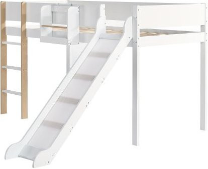 Beleuchtetes Hochbett MUVOE aus Kiefer und MDF in Weiß und Naturholz mit herausnehmbaren Regalen, B/T/H: 90 x 200 cm - Bild 1