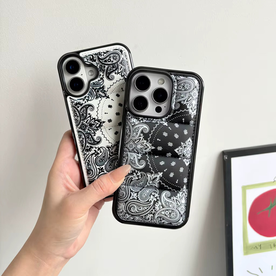 iPhone Puffer-Telefonhülle im Retro-Schwarz-Weiß-Paisley-Design für iPhone 17 16 15 14 12 11 Pro Max Plus Air - Bild 2