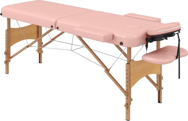 HOMCOM Klappbare Massageliege mit höhenverstellbarer Funktion und Tragetasche, Holzgestell aus Buche, Rosa - Bild 1