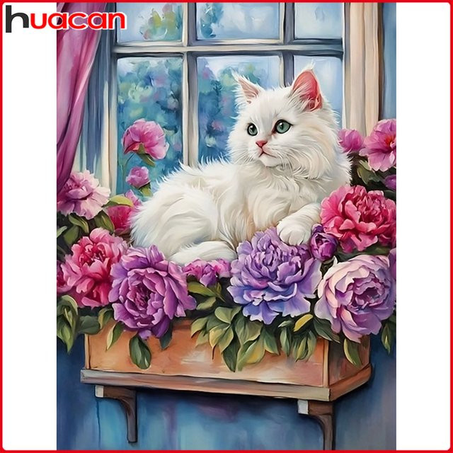 Huacan Diamantgemälde Set mit Katze und Blumen in Multicolour, B/H: 30,0 x 20,0 cm - Bild 1