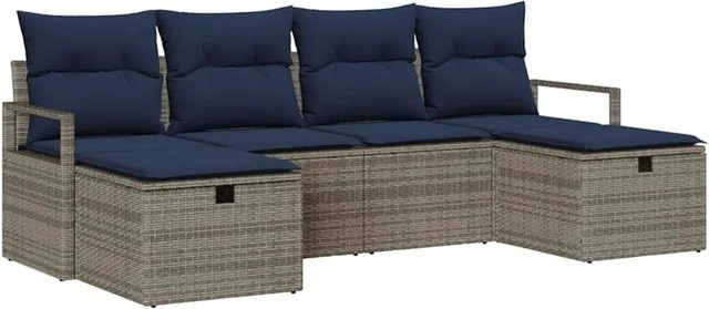 vidaXL Gartenmöbel Set aus Poly-Rattan in 6-teiliger L-Form mit Kissen, Grau und Marineblau - Bild 1