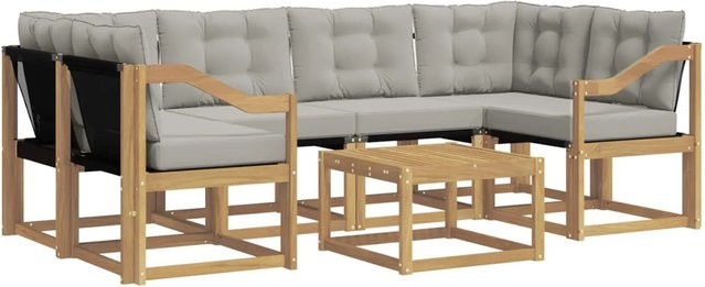 vidaXL Outdoor-Sofagarnitur 7-teilig aus Akazienholz mit Textilene und Kissen in Weiß-Hellgrau - Bild 1