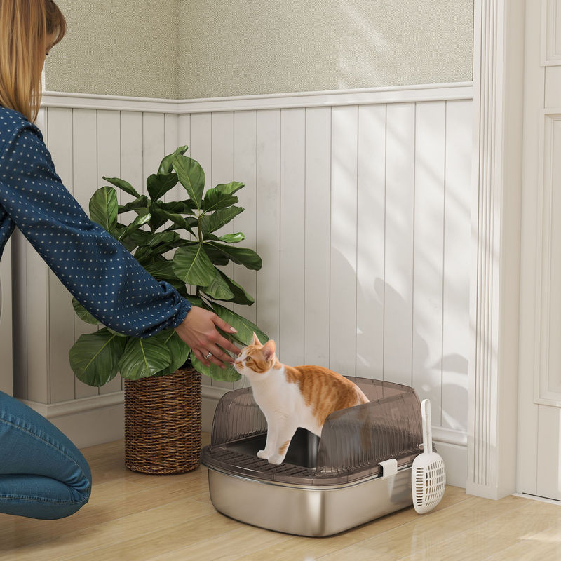 PawHut Katzenklo aus Edelstahl in Kohlegrau, offene Katzentoilette mit hohem Rand inklusive Streuschaufel für Katzen bis 15 kg - Bild 2