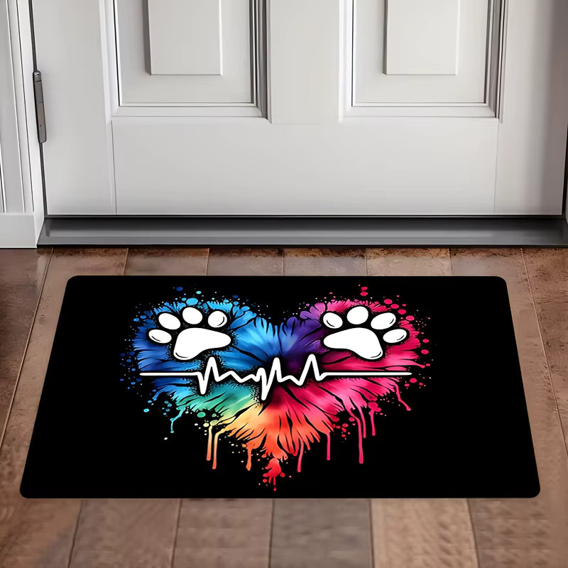 VIKAMA Herzförmiger Teppich mit Pfotenabdruck und Herzschlag-Design, rutschfest und haustierfreundlich, Mehrfarbig, B/T: 60 x 40 cm - Bild 2