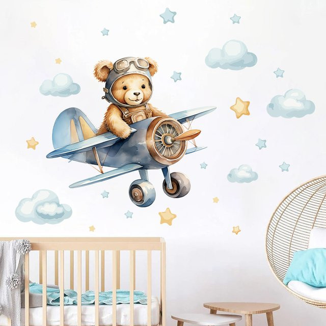 BRUP Selbstklebende Wandtattoos für das Kinderzimmer mit Flugzeug, Astronaut und Bär in Multicolor aus PVC - Bild 1