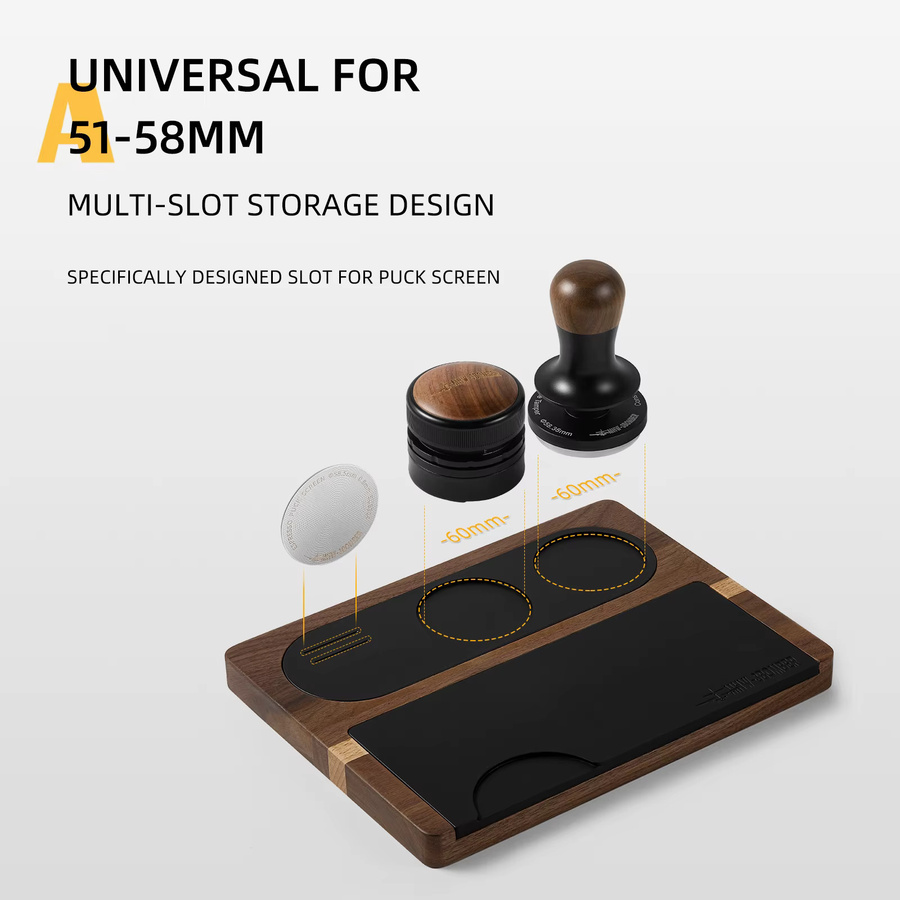 MHW-3BOMBER Espresso-Tampfstation aus Holz mit Silikonmatte, universeller Siebträger-Tampfhalter für 51 mm, 53 mm und 58 mm, Farbe: Braun - Bild 3