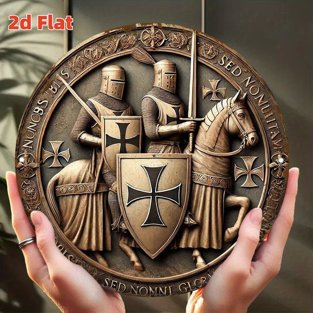 CIFBUY Runde Aluminium-Wanddekoration im Vintage-Stil mit mittelalterlichem Kreuzritter-Emblem in Gold, Durchmesser: 7,8 cm - Bild 1