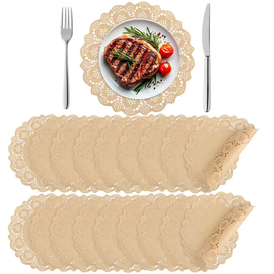 Runde Spitzen-Platzdeckchen aus Papier in Beige für Partys und Hochzeiten, 50 Stück - Bild 2