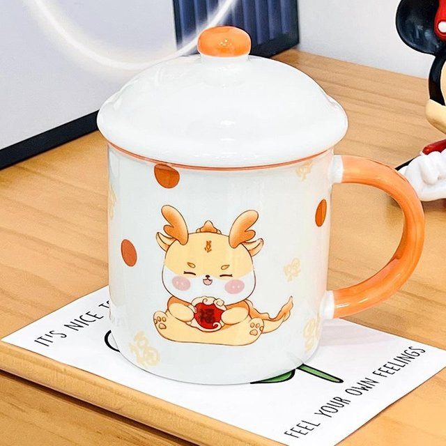 Keramiktasse mit Deckel und Löffel von Yiran Furniture, weißes Cartoon-Bären-Set, 350 ml - Bild 1